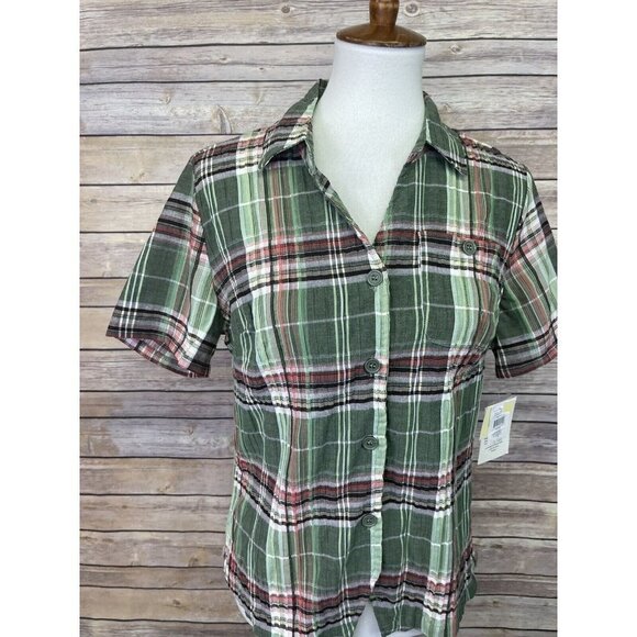 Baxter & Wells Small NWT Plaid Button Front Blouse Green Pink Short Sleeve Top - Picture 2 of 10
